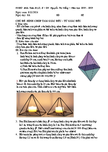 Kế hoạch bài dạy Toán 8 - Chủ đề: Hình chóp tam giác đều, tứ giác đều - Năm học 2024-2025 - Nguyễn Thị Hằng