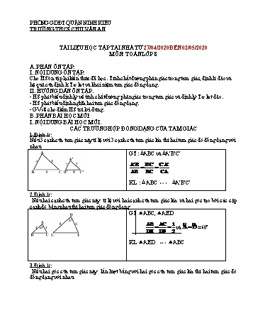 Kế hoạch bài dạy Toán 8 - Ôn tập + Bài: Các trường hợp đồng dạng của tam giác - Năm học 2019-2020 - Trường THCS Chu Văn An