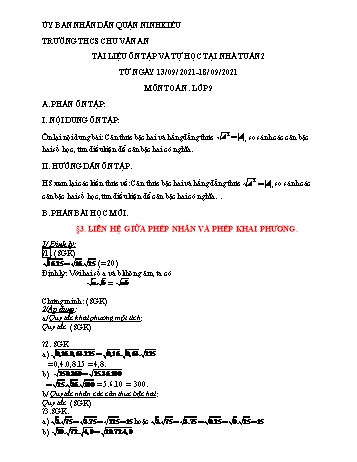 Kế hoạch bài dạy Toán 9 - Tuần 2, Bài 3: Liên hệ giữa phép nhân và phép khai phương - Năm học 2021-2022 - Trường THCS Chu Văn An
