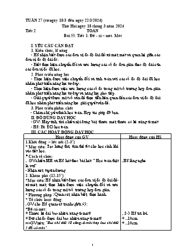 Kế hoạch bài dạy Toán + Đạo đức + Tự nhiên & Xã hội Lớp 2 - Tuần 27 - Năm học 2023-2024