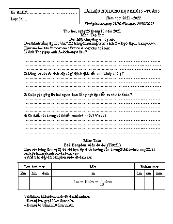 Kế hoạch bài dạy Toán + Tiếng Việt 5 - Tuần 5 - Năm học 2021-2022