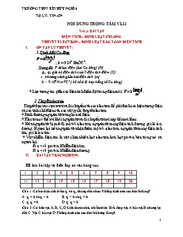 Kế hoạch bài dạy Vật lí 11 - Bài: Bài tập Điện tích. Định luật Culong + Thuyết Electron. Định luật bảo toàn điện tích - Trường THPT Bùi Hữu Nghĩa
