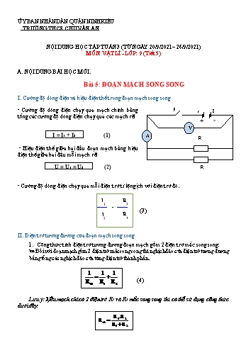 Kế hoạch bài dạy Vật lí 9 - Tuần 3 - Bài 5: Đoạn mạch song song + Bài 6: Bài tập vận dụng định luật Ôm - Năm học 2021-2022 - Trường THCS Chu Văn An