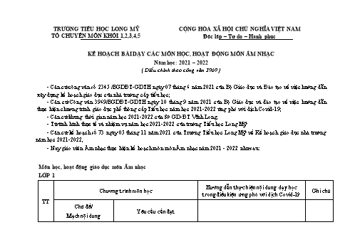 Kế hoạch dạy học Âm nhạc Tiểu học Soạn theo CV 3969 - Năm học 2021-2022 - Trần Thị Huyền Trân