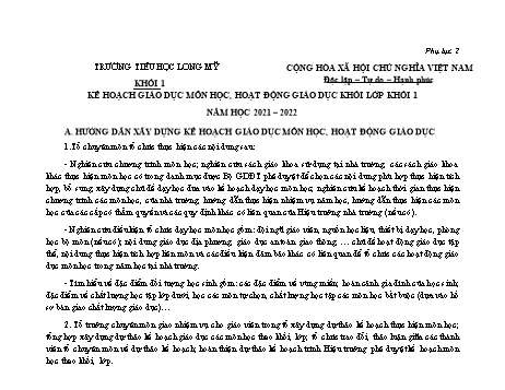 Kế hoạch giáo dục Khối Lớp 1 - Năm học 2021-2022 - Trường Tiểu học Long Mỹ