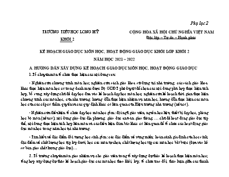 Kế hoạch giáo dục Khối Lớp 2 - Năm học 2021-2022 - Trường Tiểu học Long Mỹ