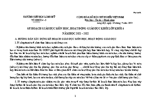 Kế hoạch giáo dục Khối Lớp 4 - Năm học 2021-2022 - Trường Tiểu học Long Mỹ