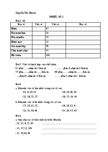 Phiếu bài tập môn Toán Lớp 1 - Học kỳ 2