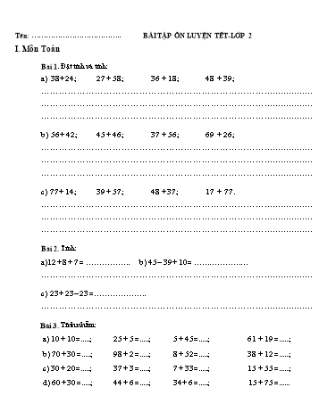 Phiếu bài tập môn Toán + Tiếng Việt Lớp 2 - Ôn luyện Tết