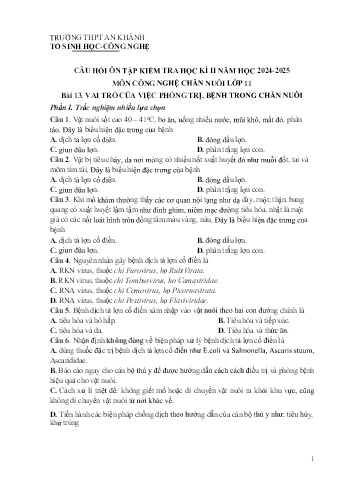 Tài liệu ôn tập cuối học kì II Môn Công nghệ 11 (Chăn nuôi) - Năm học 2024-2025 - Trường THPT An Khánh