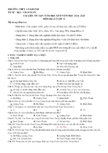 Tài liệu ôn tập cuối học kì II Môn Địa lí 12 - Năm học 2024-2025 - Trường THPT An Khánh (Có đáp án)