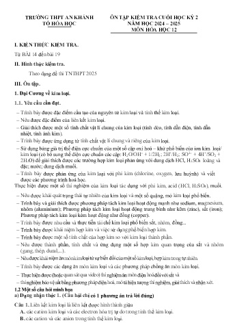 Tài liệu ôn tập cuối học kì II Môn Hóa học 12 - Bài 14 đến 19 - Năm học 2024-2025 - Trường THPT An Khánh