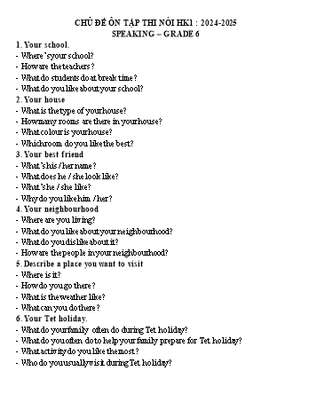 Tài liệu ôn tập học kì I môn Tiếng Anh THCS (Speaking) - Năm học 2024-2025