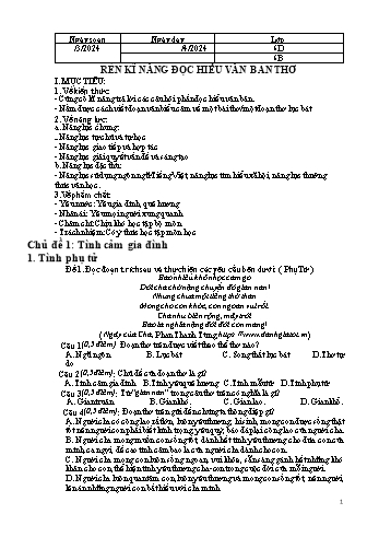 Tài liệu ôn tập học kì I Ngữ văn 6 - Chủ đề: Rèn kĩ năng đọc hiểu văn bản thơ - Năm học 2023-2024