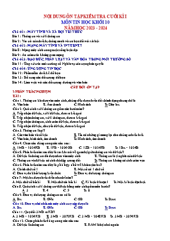 Tài liệu ôn tập kiểm tra cuối học kì I Tin học 10 - Năm học 2023-2024