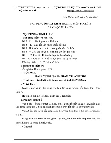Tài liệu ôn tập kiểm tra học kì I Địa lí 12 - Năm học 2023-2024 - Trường THPT Trần Đại Nghĩa