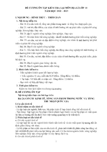 Tài liệu ôn tập kiểm tra lại Môn Địa lí 10 - Năm học 2022-2023