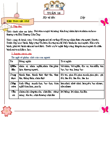 Tài liệu ôn tập môn Tiếng Việt Lớp 5 - Tuần 16 (Có đáp án)