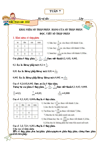 Tài liệu ôn tập môn Toán Lớp 5 - Tuần 7: Khái niệm số thập phân. Hàng của số thập phân. Đọc, viết số thập phân (Có đáp án)