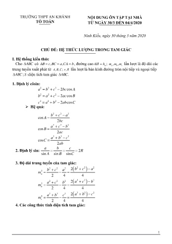 Tài liệu ôn tập Toán 10 - Chủ đề: Hệ thức lượng trong tam giác - Năm học 2019-2020 - Kim Thị Hương